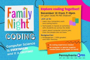 This is a flier for Pennsylvania PBS Family Coding Night event.